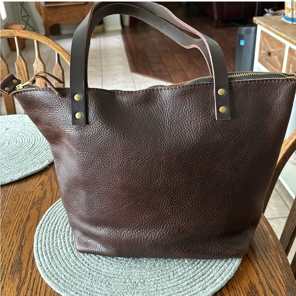 Portland Leather Medium zip top tote in the color Coldbrew - Picture 2 of 7